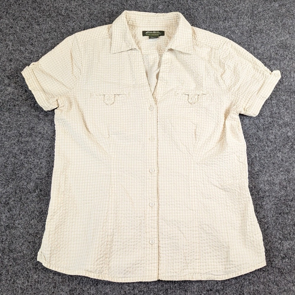 Eddie Bauer Womens Medium Tan Gingham Seersucker Short Sleeve Button Up Shirt - Picture 3 of 11